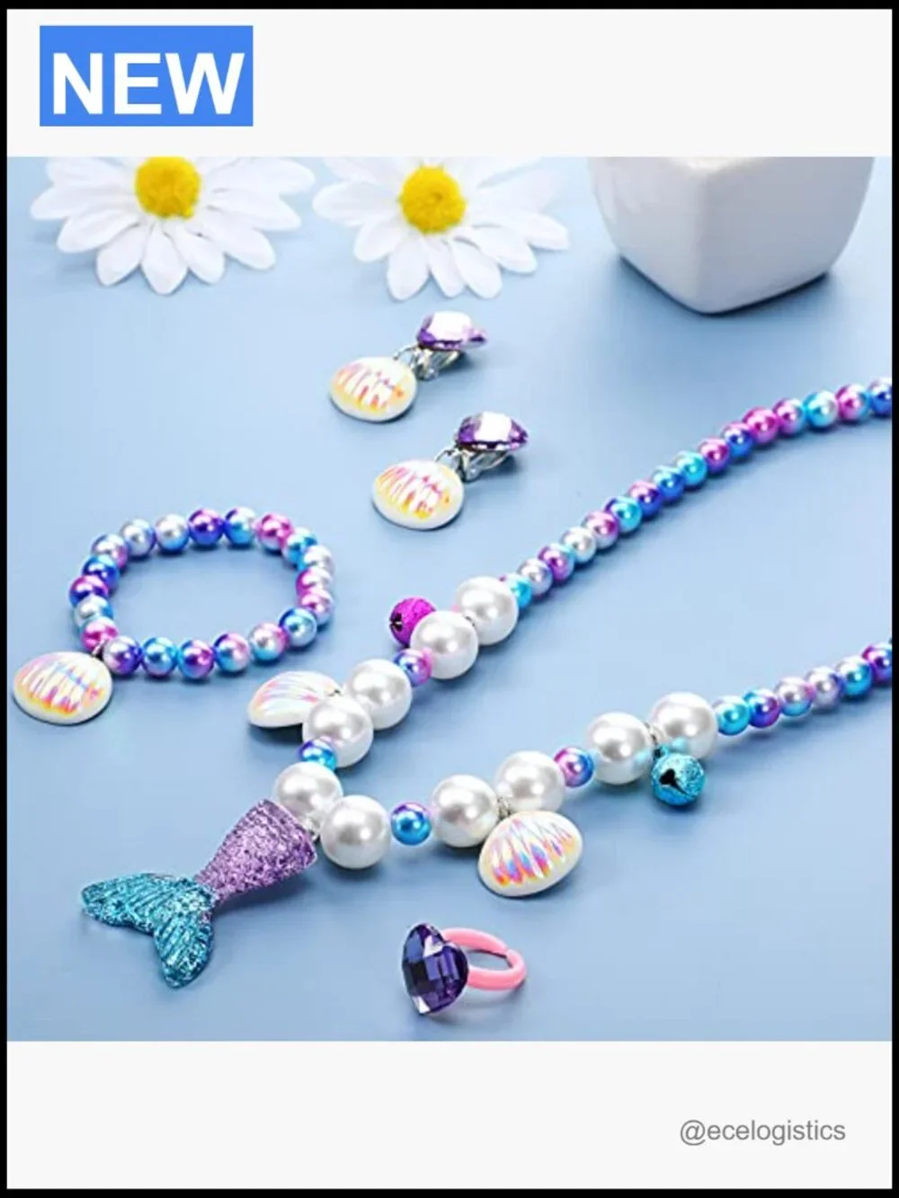 Mermaid Jewelry Set for Girls - Shell Necklace Bracelet Ring Earrings, Dress Up
